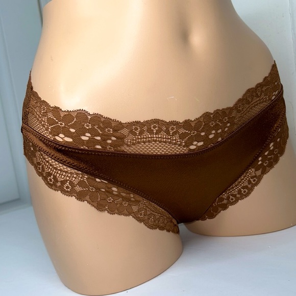 LAST PAIR! Silky Glossy Satin Lace Trim Chocolate Brown Cheeky Panty Sz S NWT - Picture 14 of 17